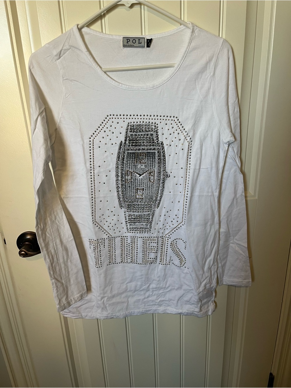 POL White Long Sleeve Tee with Studded Watch Graphic